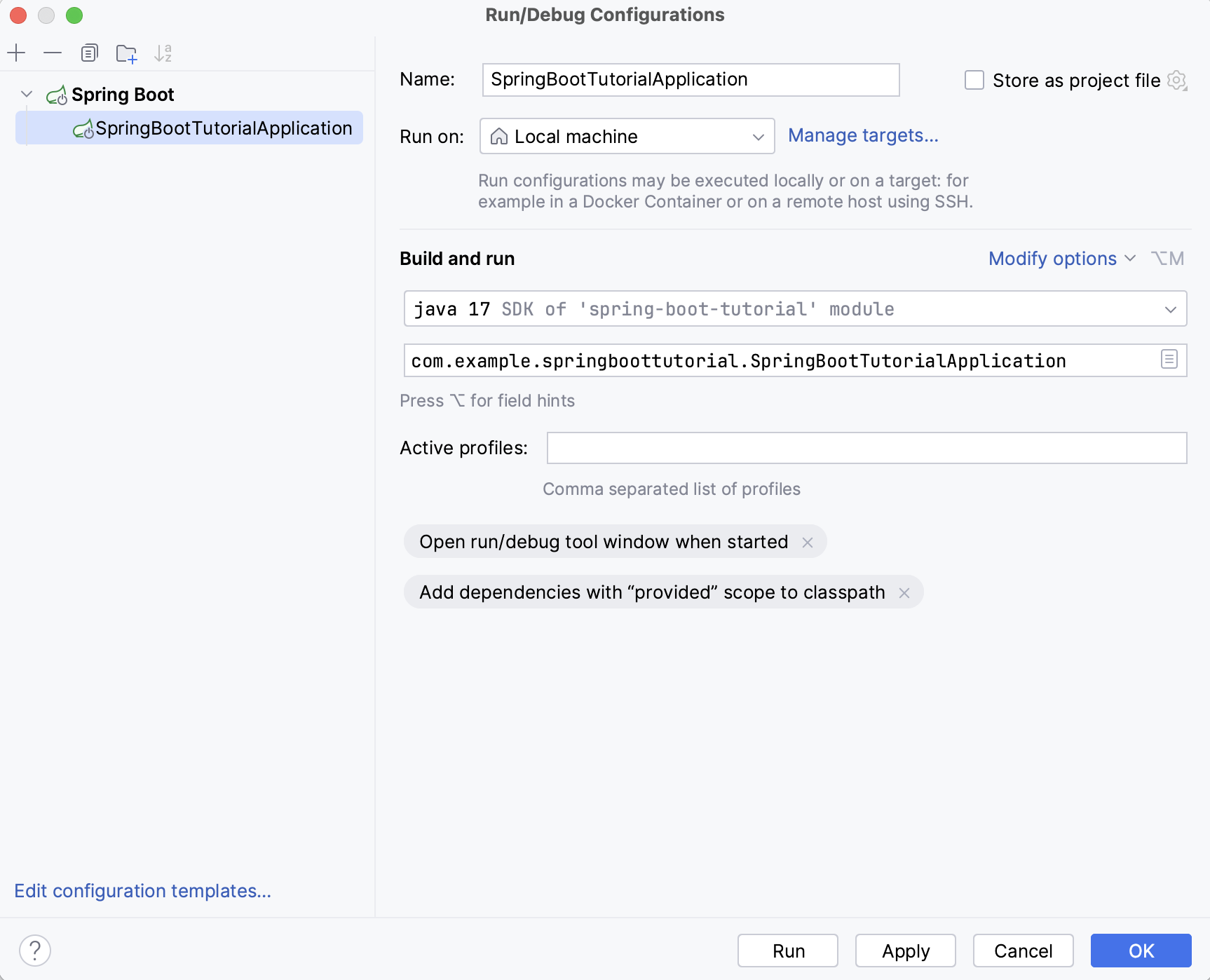 The Spring Boot run configuration The Spring Boot run configuration
