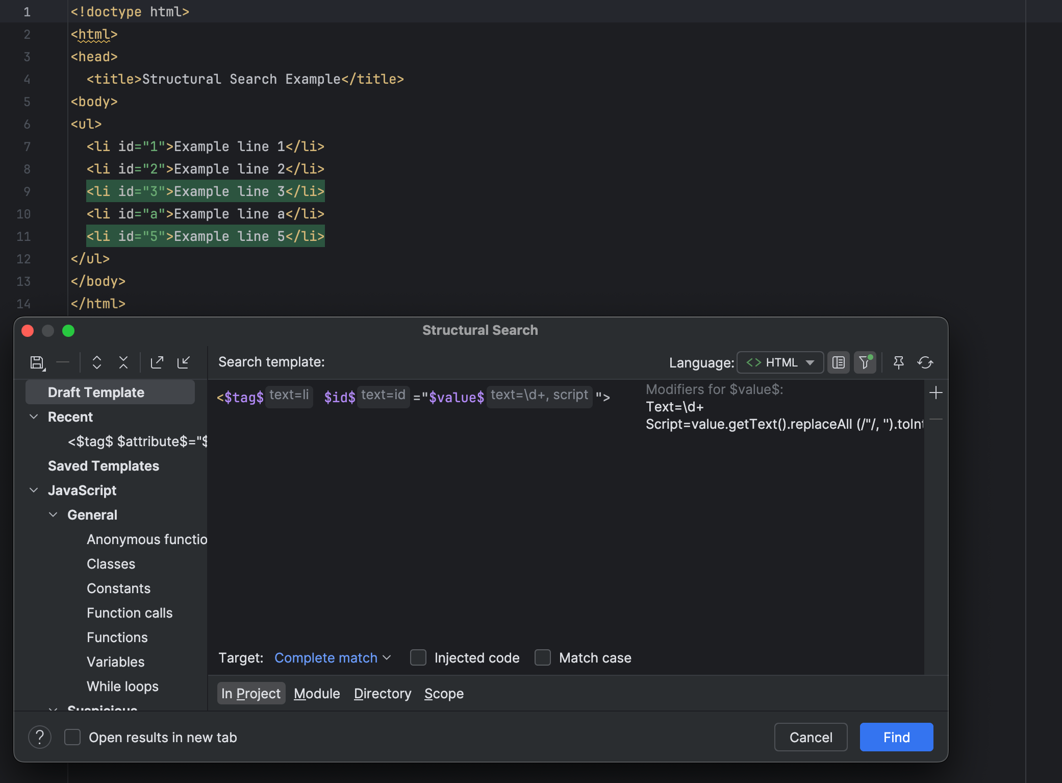Structural search and replace examples | DataGrip Documentation