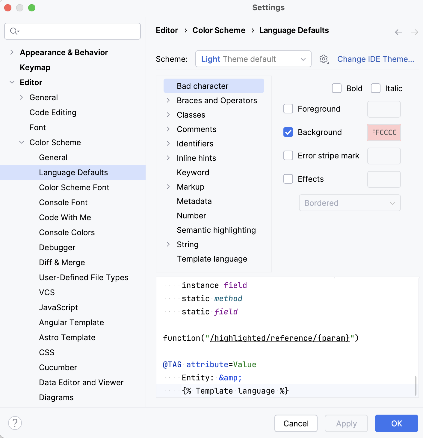 配色方案设置中的“语言默认值”部分