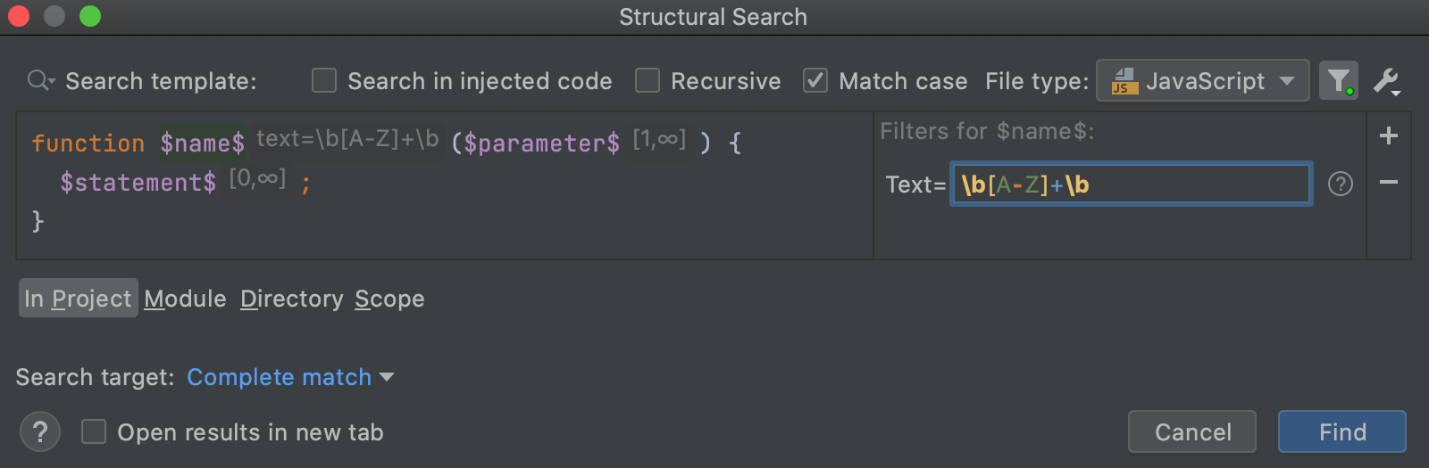 在过滤器对话框中添加正则表达式