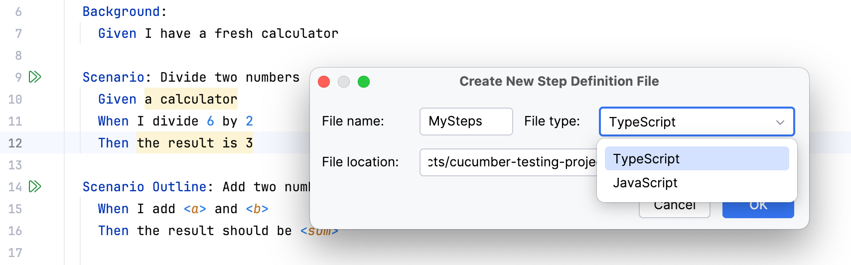 Creating Cucumber.js step definitions: choose language version Creating Cucumber.js step definitions: choose language version