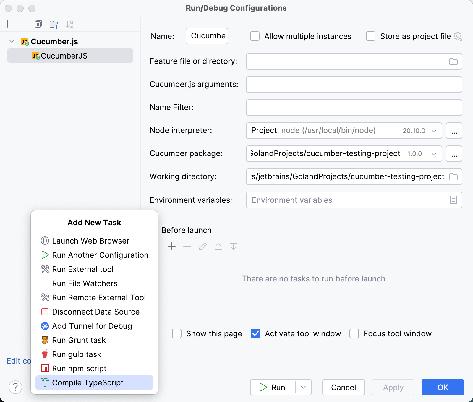 Cucumber.js Run configuration: adding a Compile TypeScript Before launch task Cucumber.js Run configuration: adding a Compile TypeScript Before launch task