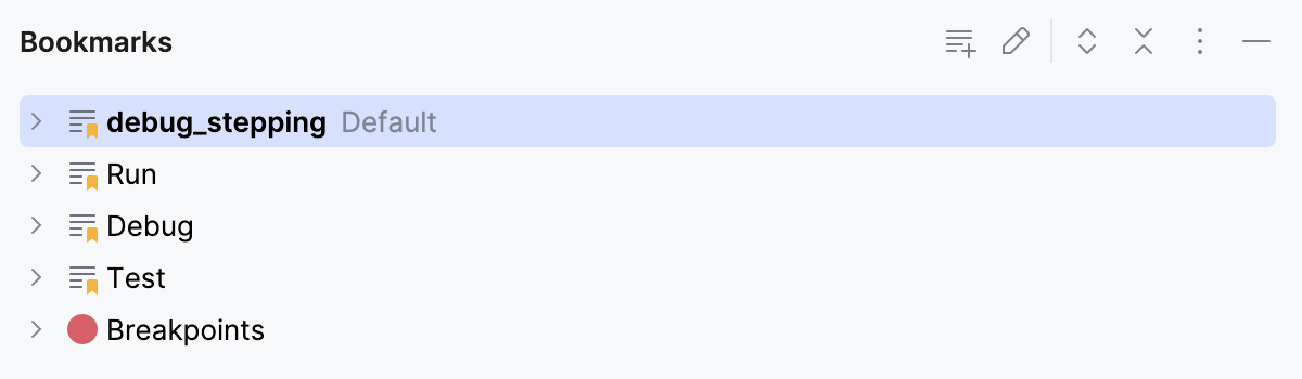 书签工具窗口中的默认列表