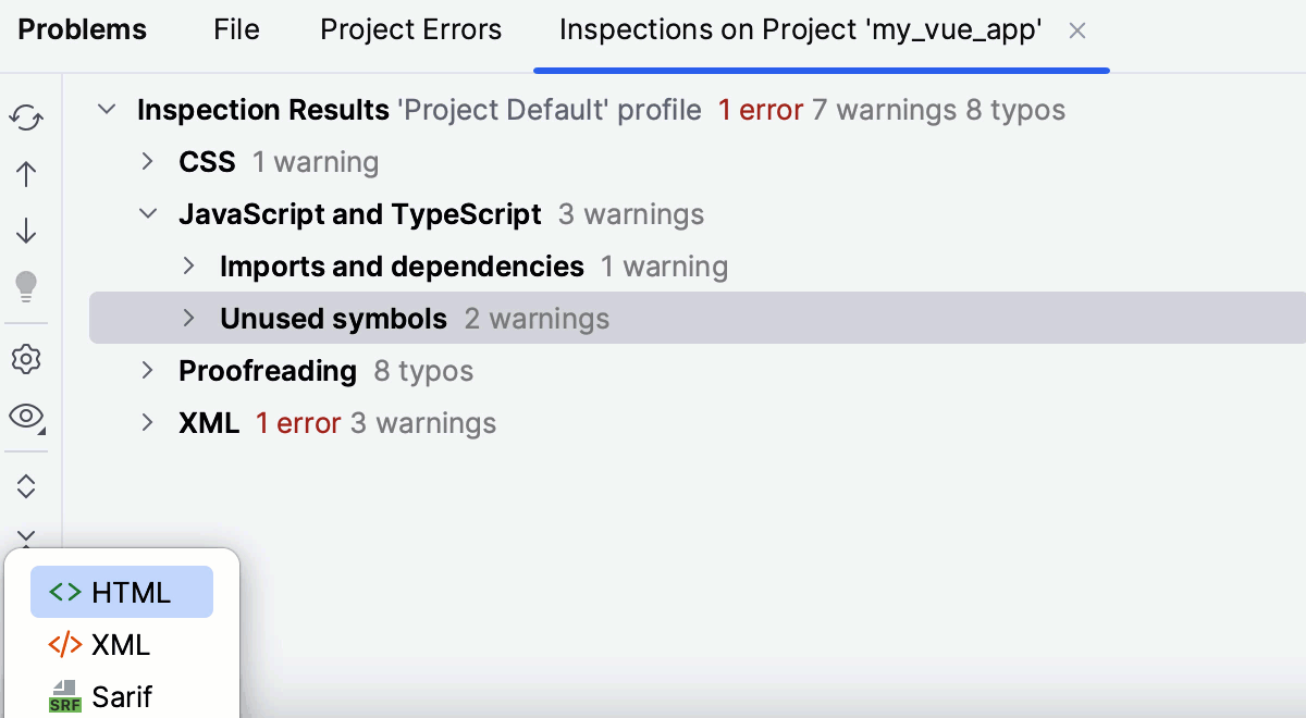“检查结果”工具窗口中的“导出”按钮