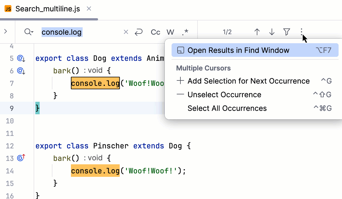 在“查找”工具窗口中找到的匹配项