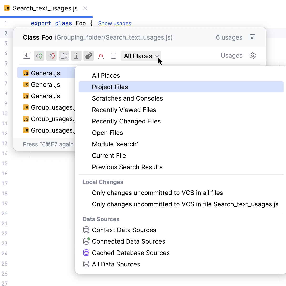 在弹窗中更改“查找用法”范围