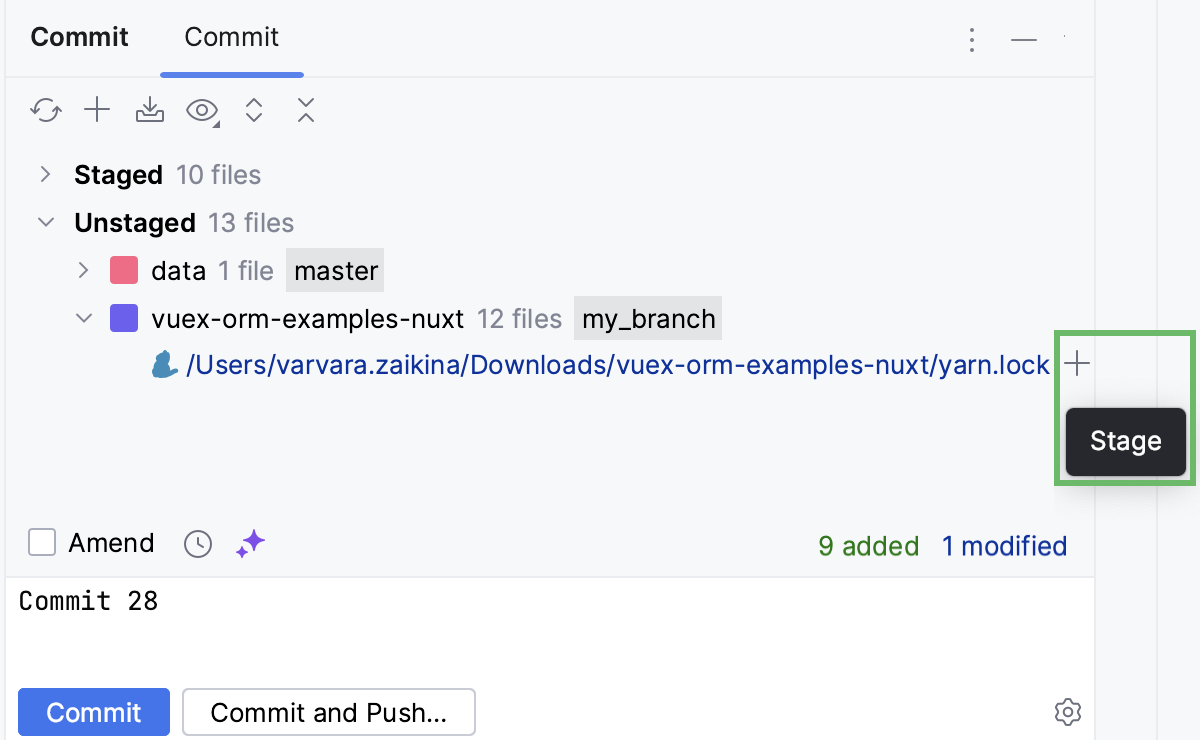 Stage an entire file from the Commit tool window Stage an entire file from the Commit tool window