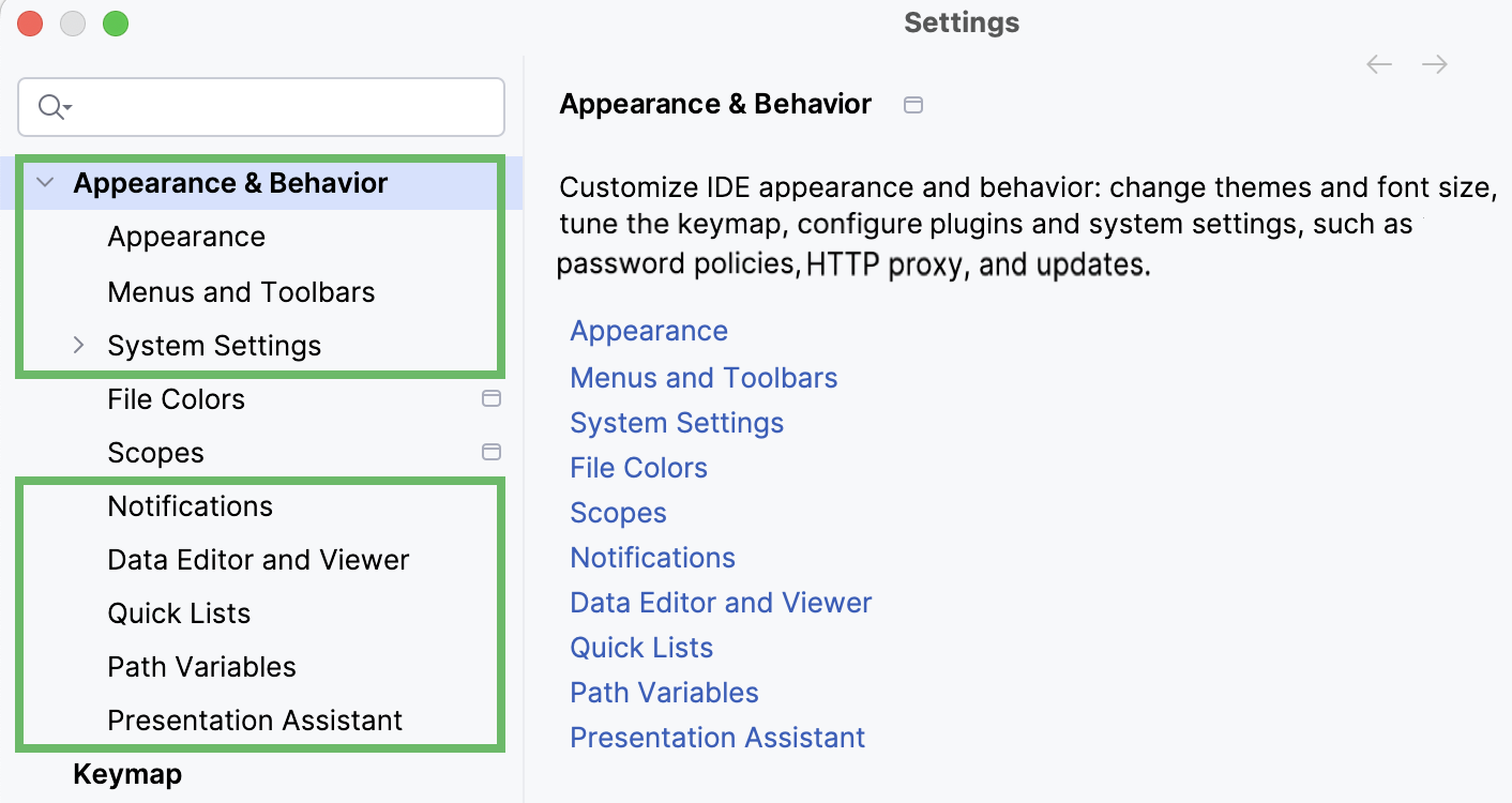 Project abd global settings marked in the Settings dialog