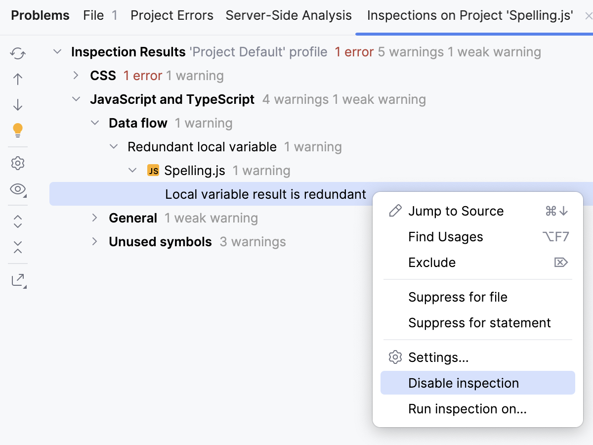 在“问题”工具窗口中禁用检查