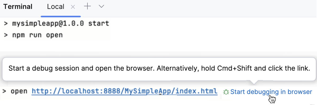 New Terminal: the Start debugging in browser button New Terminal: the Start debugging in browser button