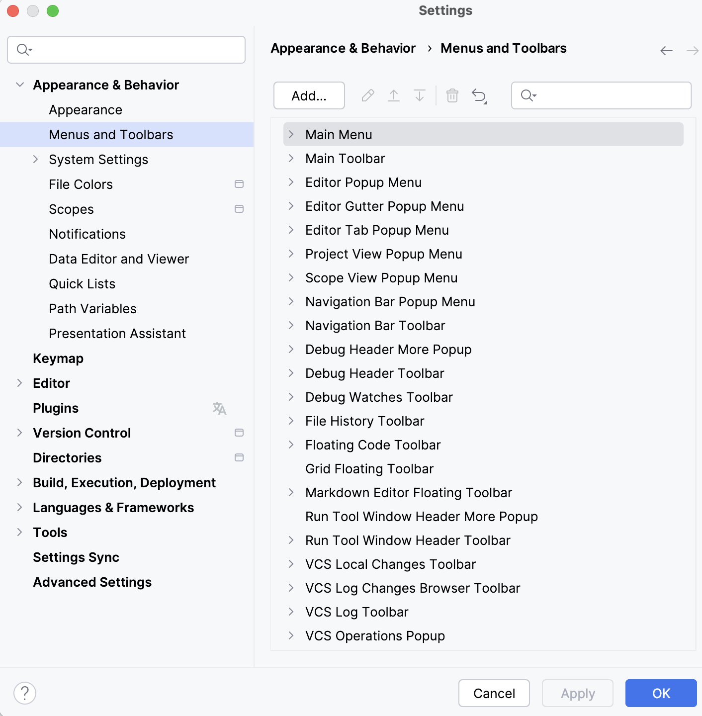“菜单与工具栏”设置页面