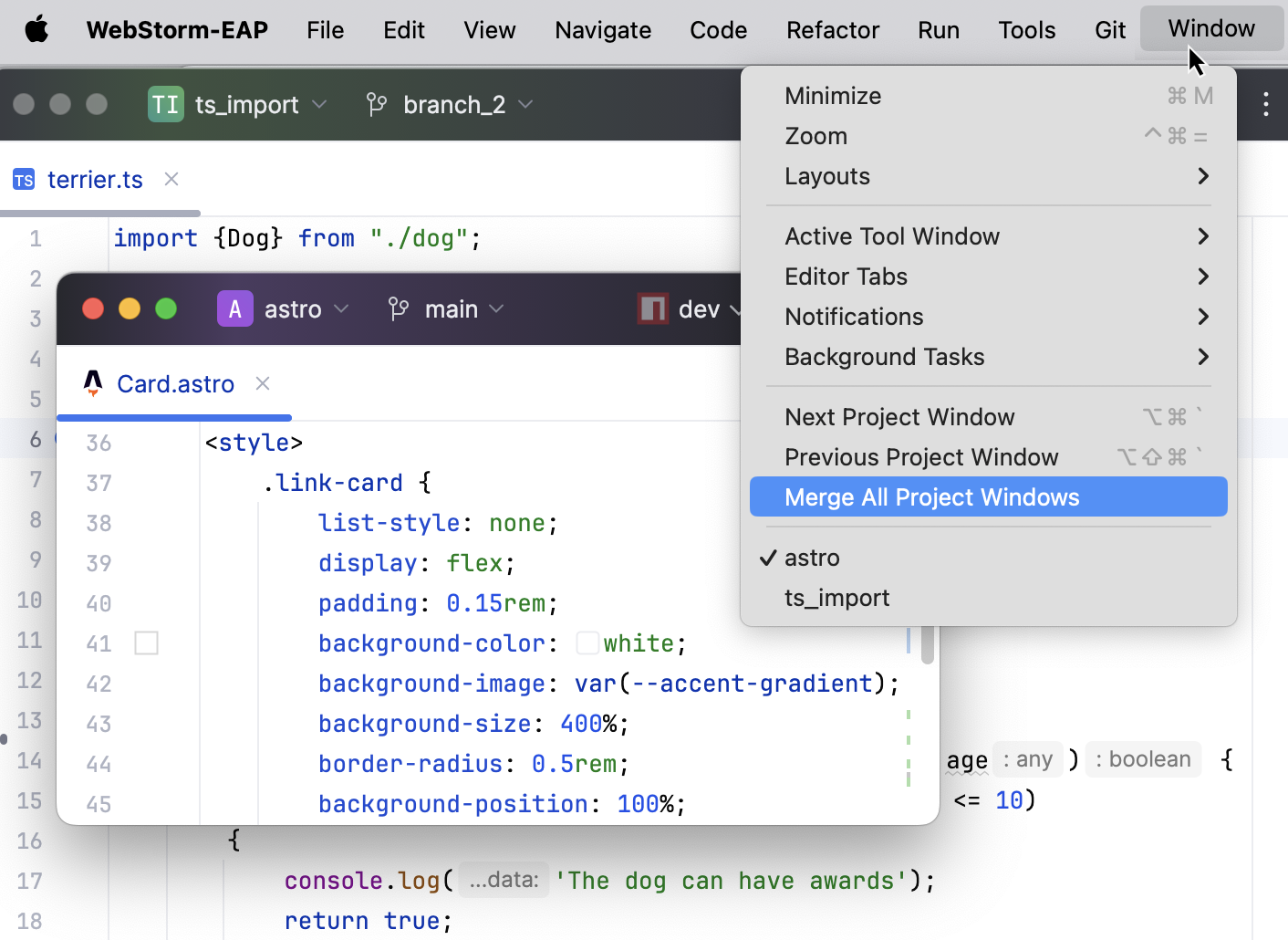 将打开的项目以标签页形式合并在一个窗口中