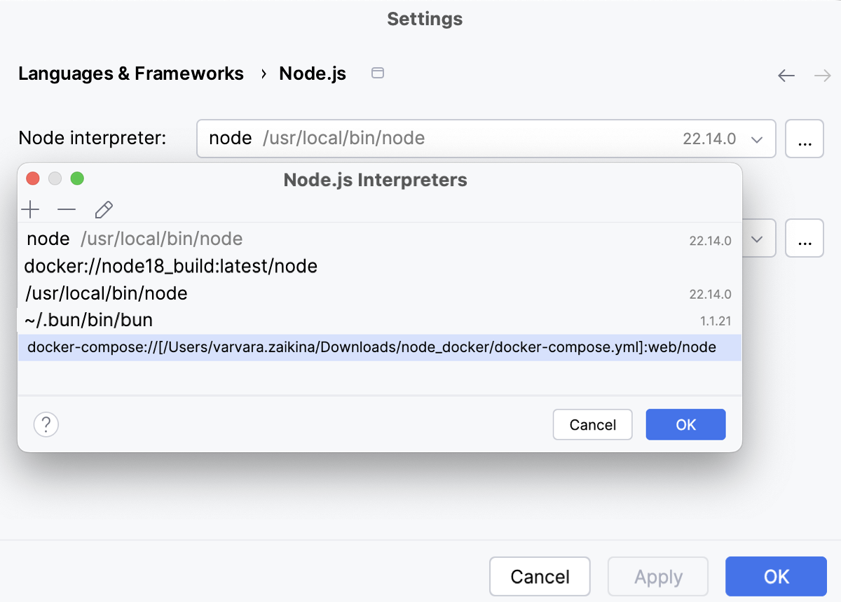 Remote Interpreters dialog: the new Node.js interpreter in Docker added to the list Remote Interpreters dialog: the new Node.js interpreter in Docker added to the list