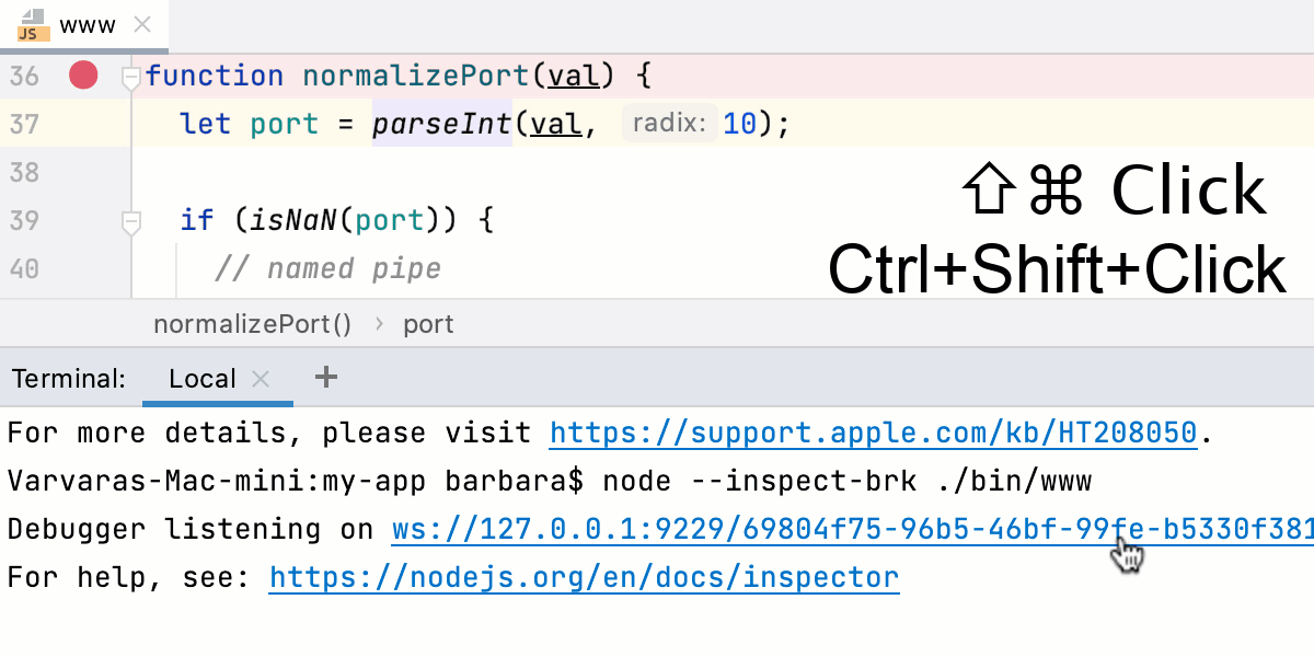 通过内置 Terminal 将调试器附加到运行中的 Node.js 应用