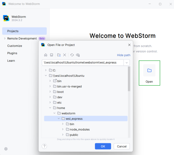 打开存储在 WSL 文件系统中的项目