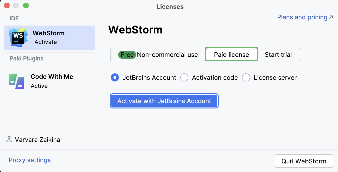 使用 JB 帐号激活 WebStorm 许可证
