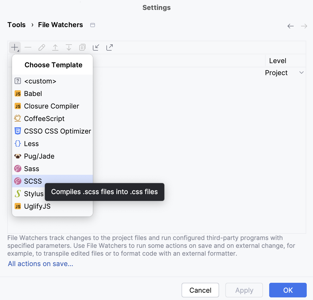 将 SCSS 编译为 CSS：创建一个 File Watcher