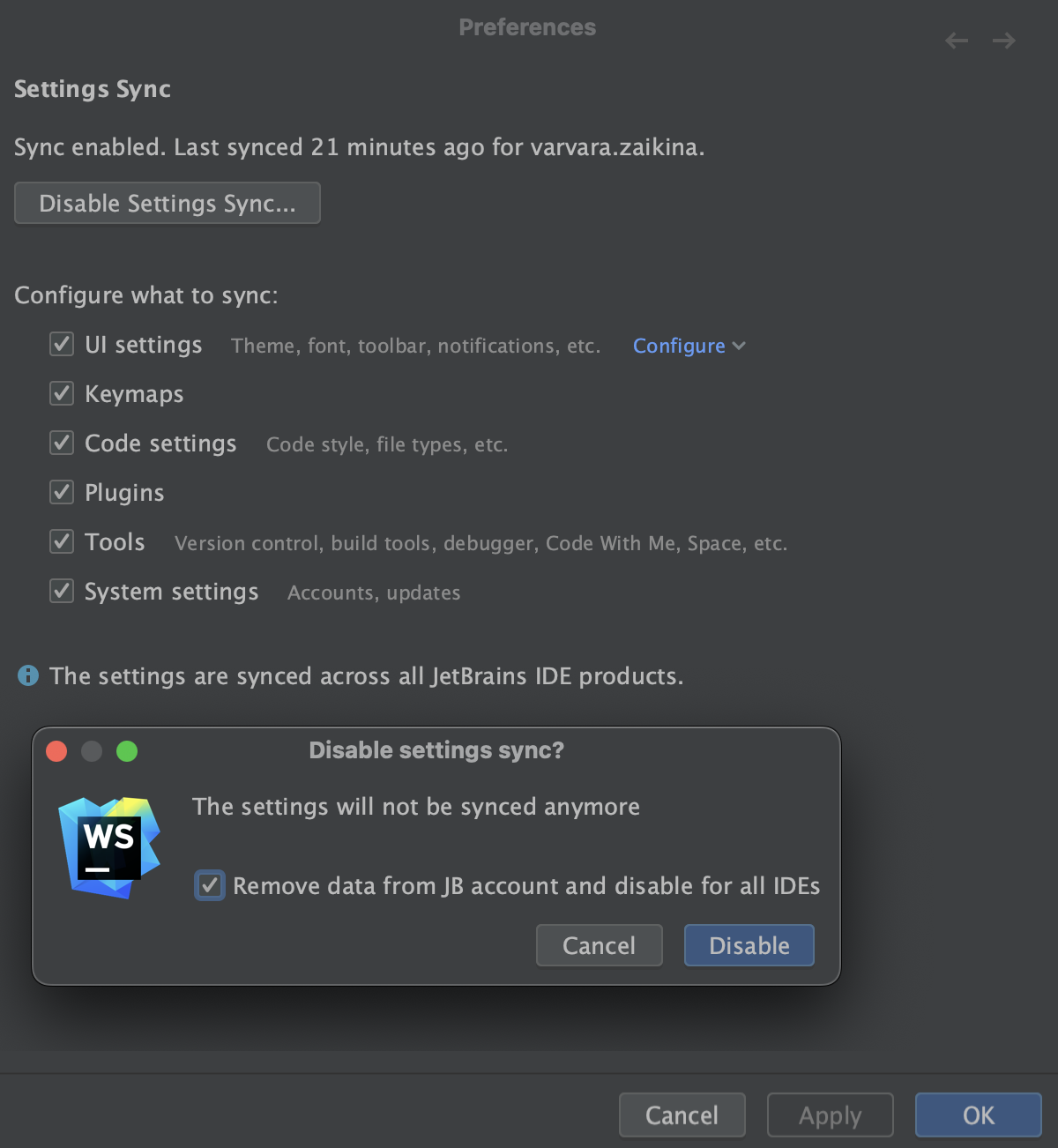 确认禁用 Settings Sync