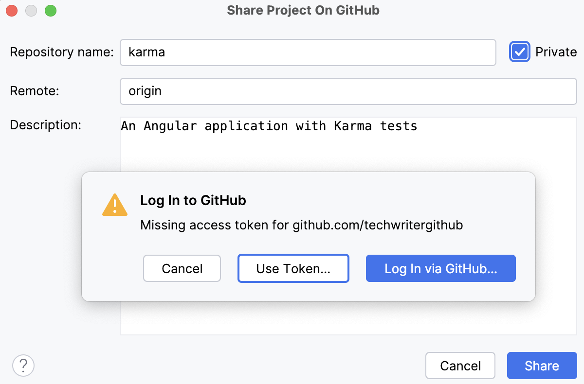 Share project on GitHub dialog Share project on GitHub dialog