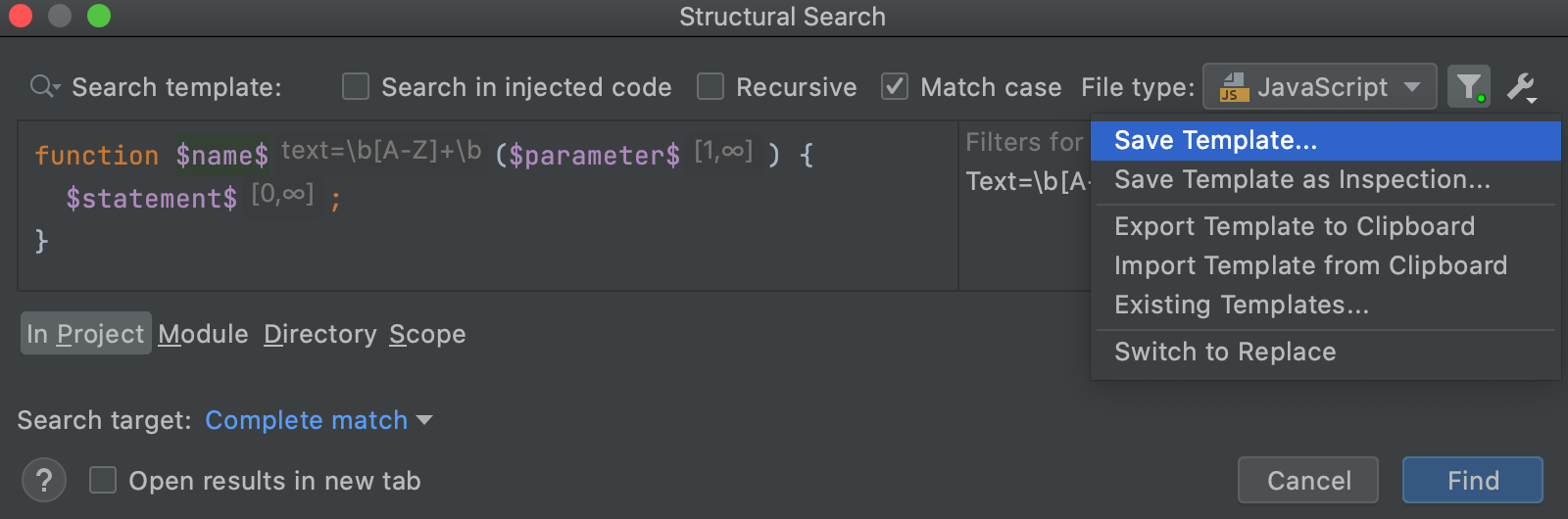 结构化查找对话框：保存模板