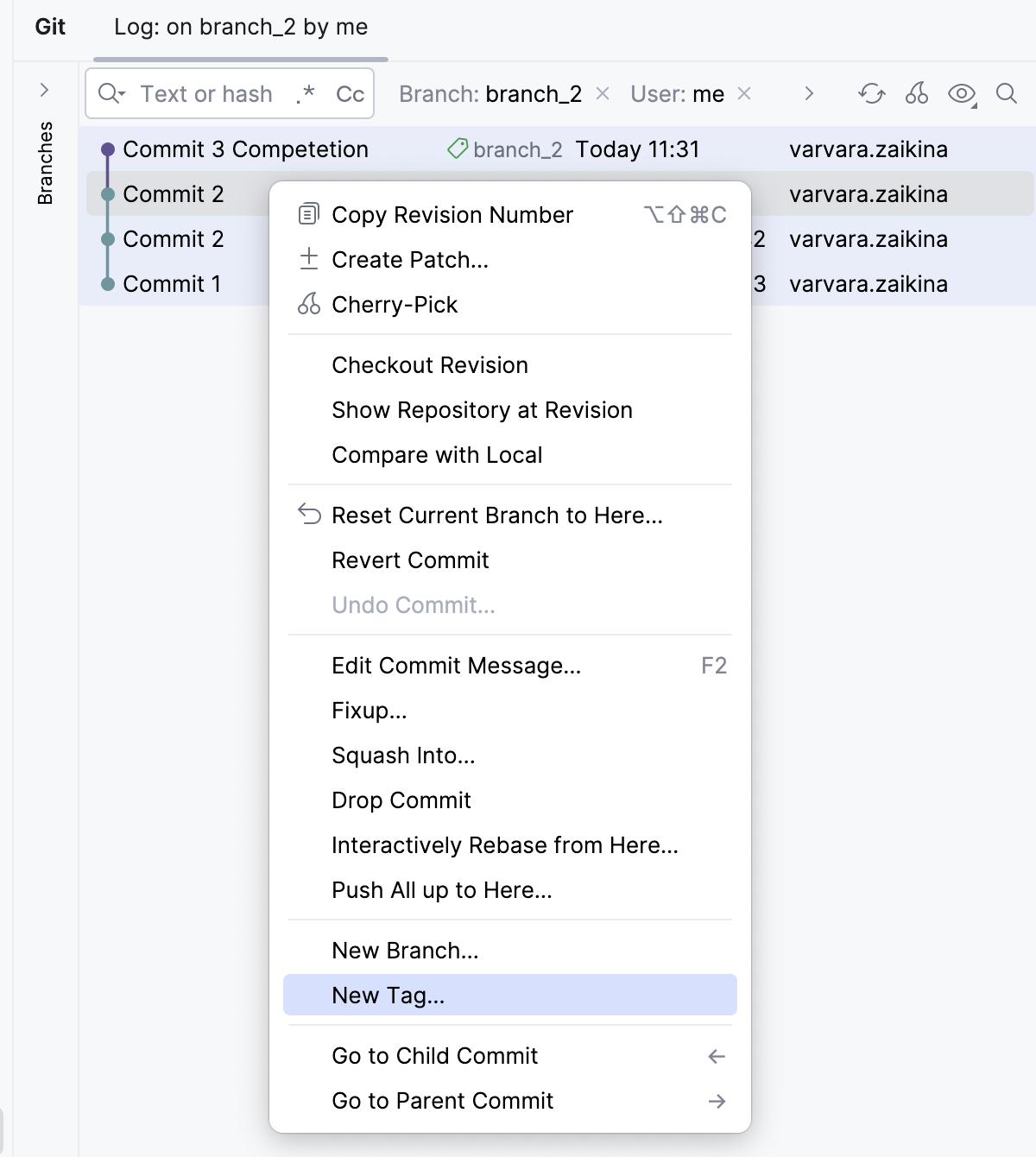Tag a commit - context menu