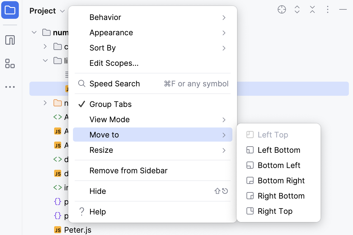 工具窗口选项菜单：移动到
