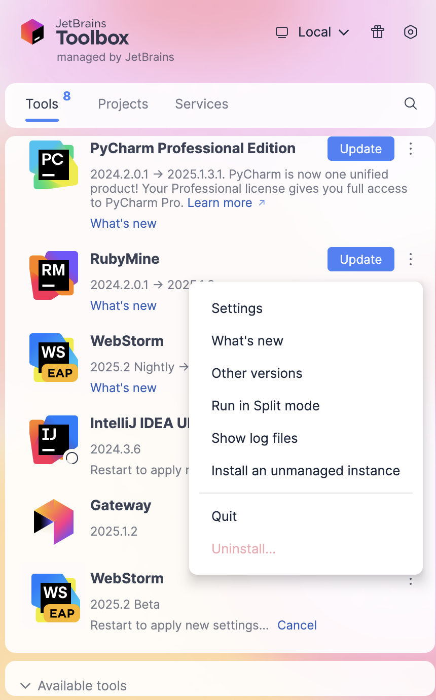 Uninstalling WebStorm through the Toolbox App