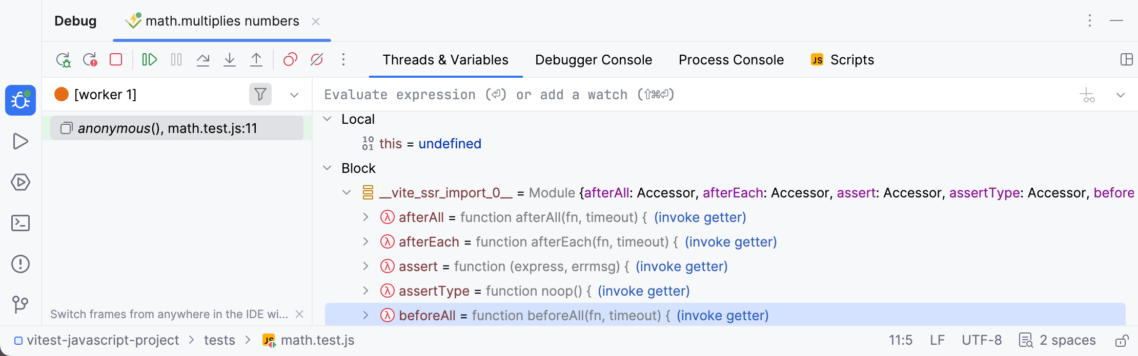 A Vitest debugging session