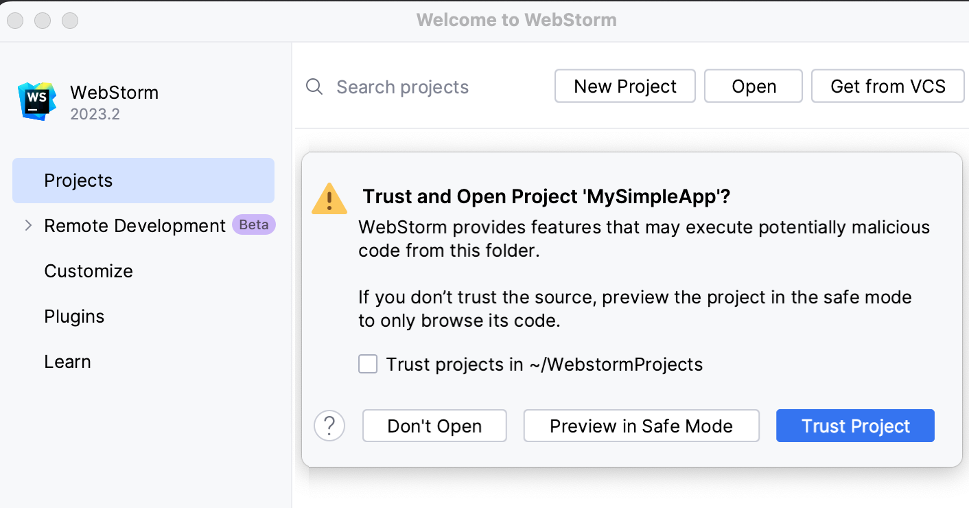 不受信任的项目警告
