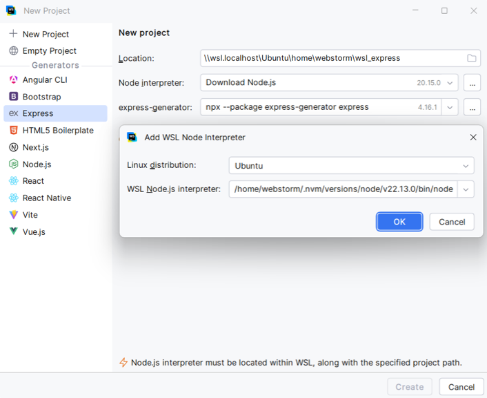 添加 WSL Node 解释器对话框