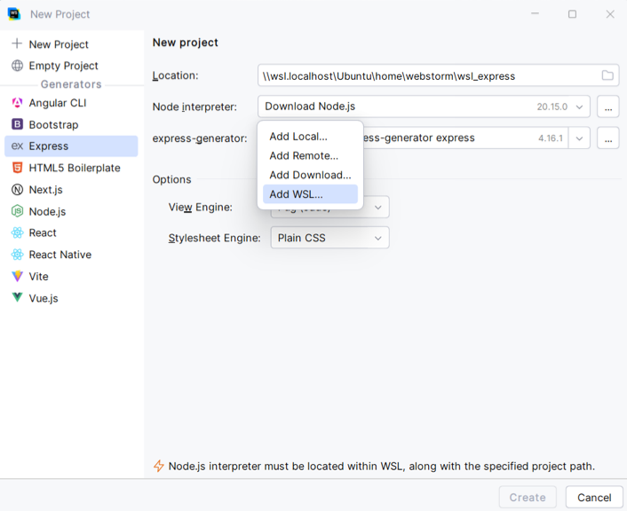 配置 WSL Node.js 解释器：选择 Add WSL