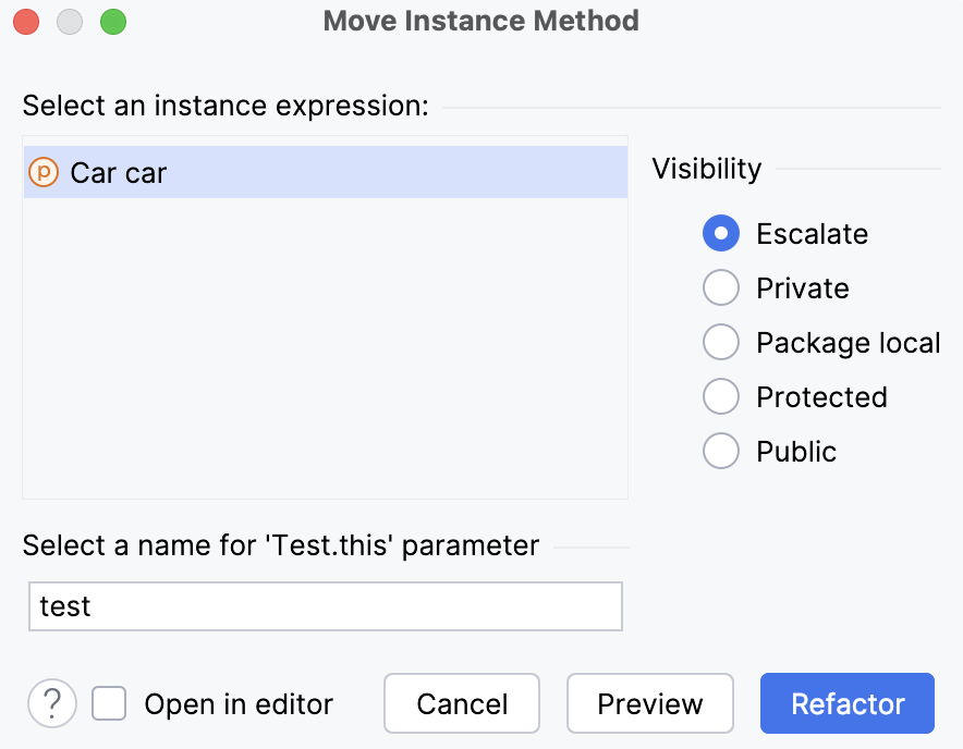 Move instance method dialog Move instance method dialog