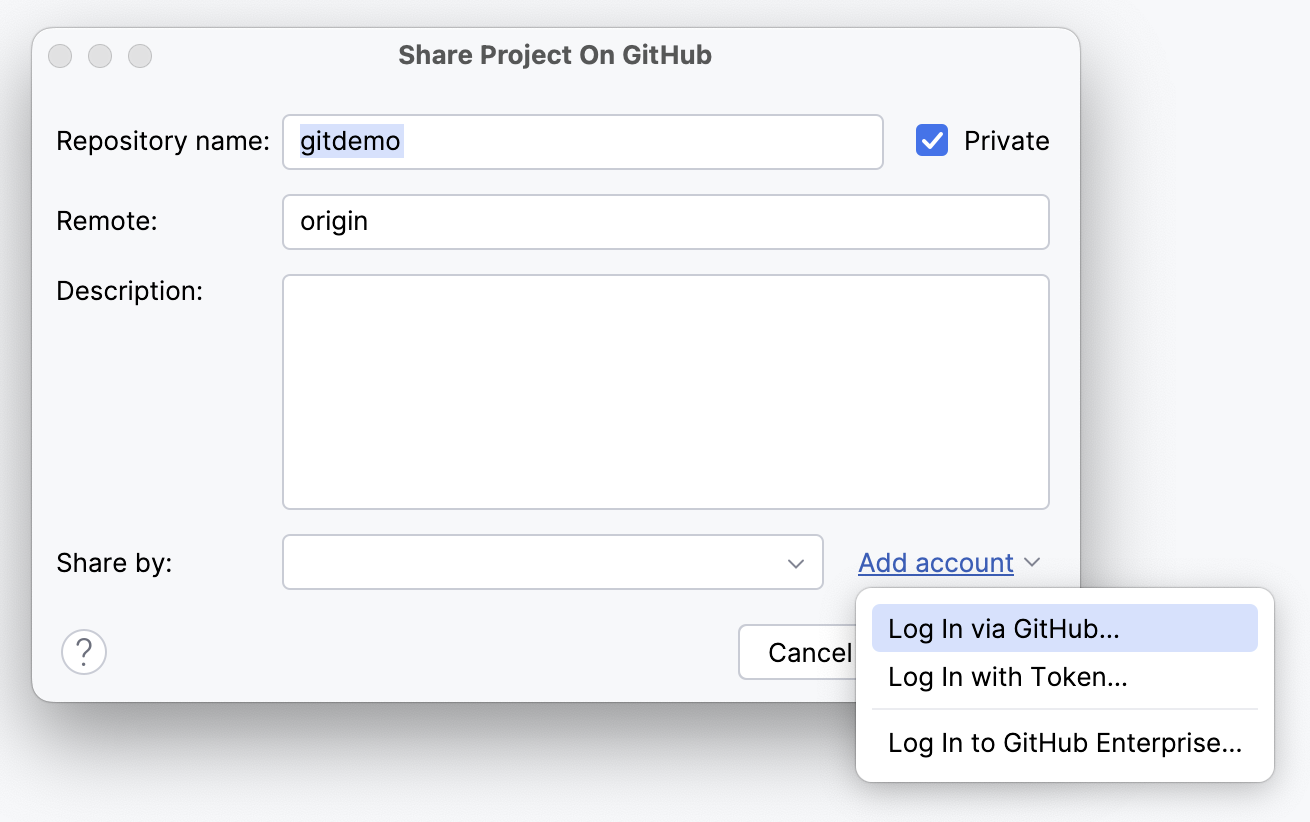 The Share Project on GitHub dialog The Share Project on GitHub dialog