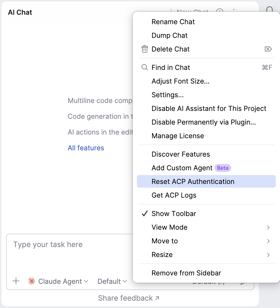 the Reset ACP Authentication option the Reset ACP Authentication option