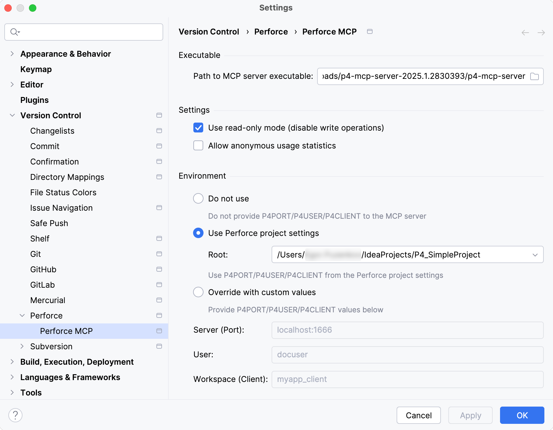 Perforce MCP settings