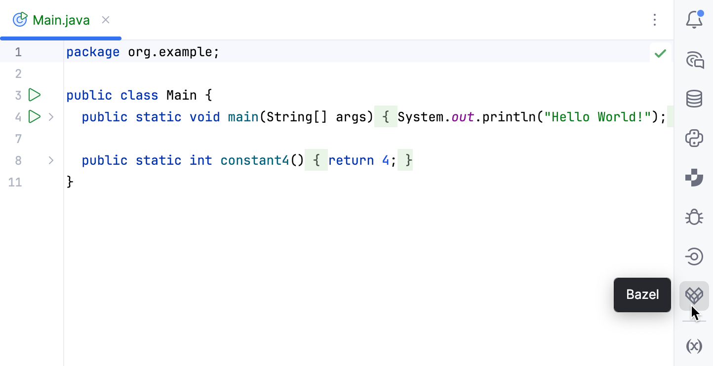 右侧边栏上的 Bazel 工具窗口图标