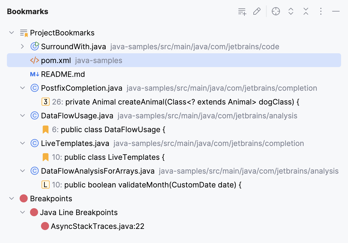 Bookmarks tool window Bookmarks tool window