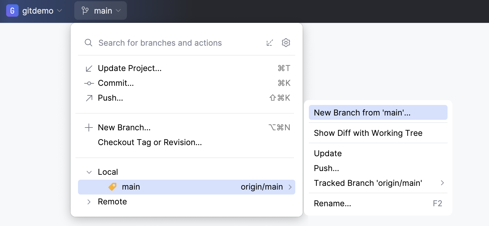 Git branch menu Git branch menu