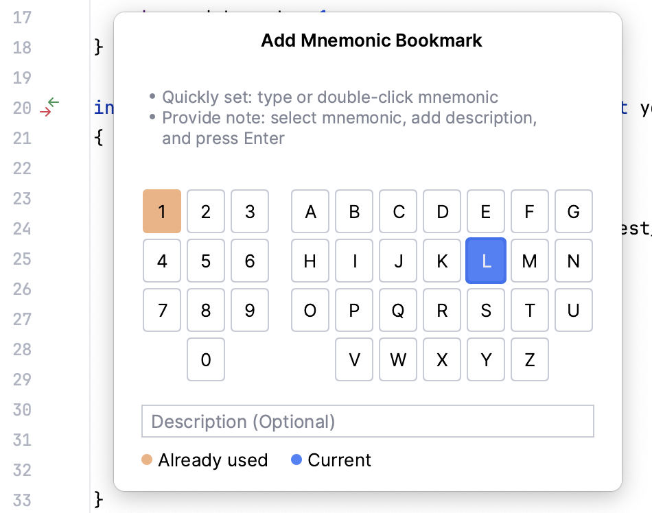Adding a mnemonic bookmark: select an identifier Adding a mnemonic bookmark: select an identifier