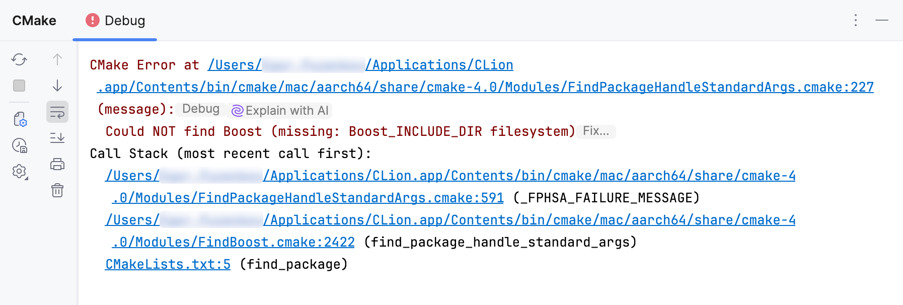 Explain with AI for CMake errors