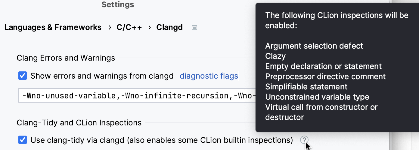 Inspection enabled automatically when Use clang-tidy via clangd is on Inspection enabled automatically when Use clang-tidy via clangd is on