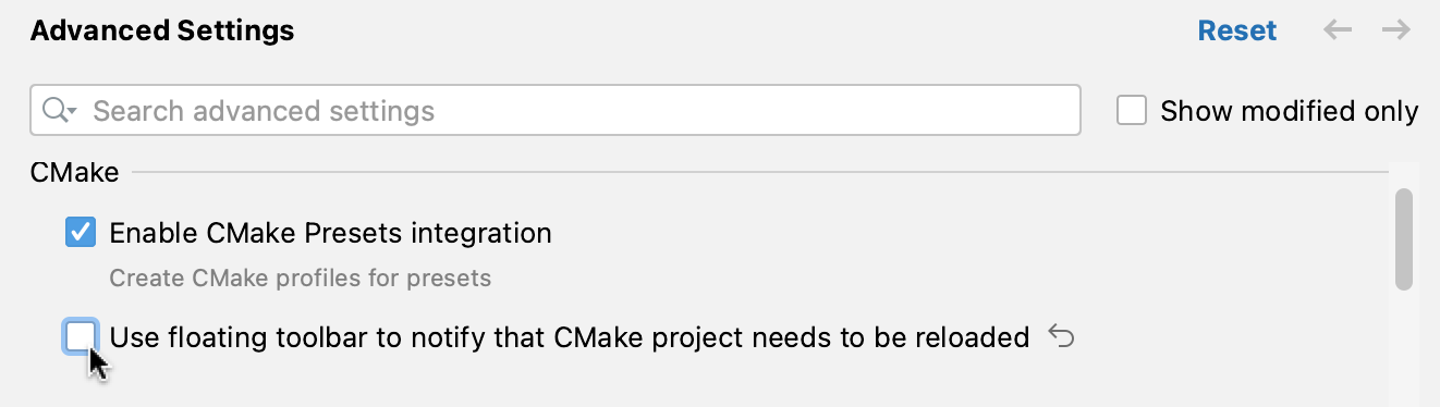Advanced settings CMake floating notification Advanced settings CMake floating notification