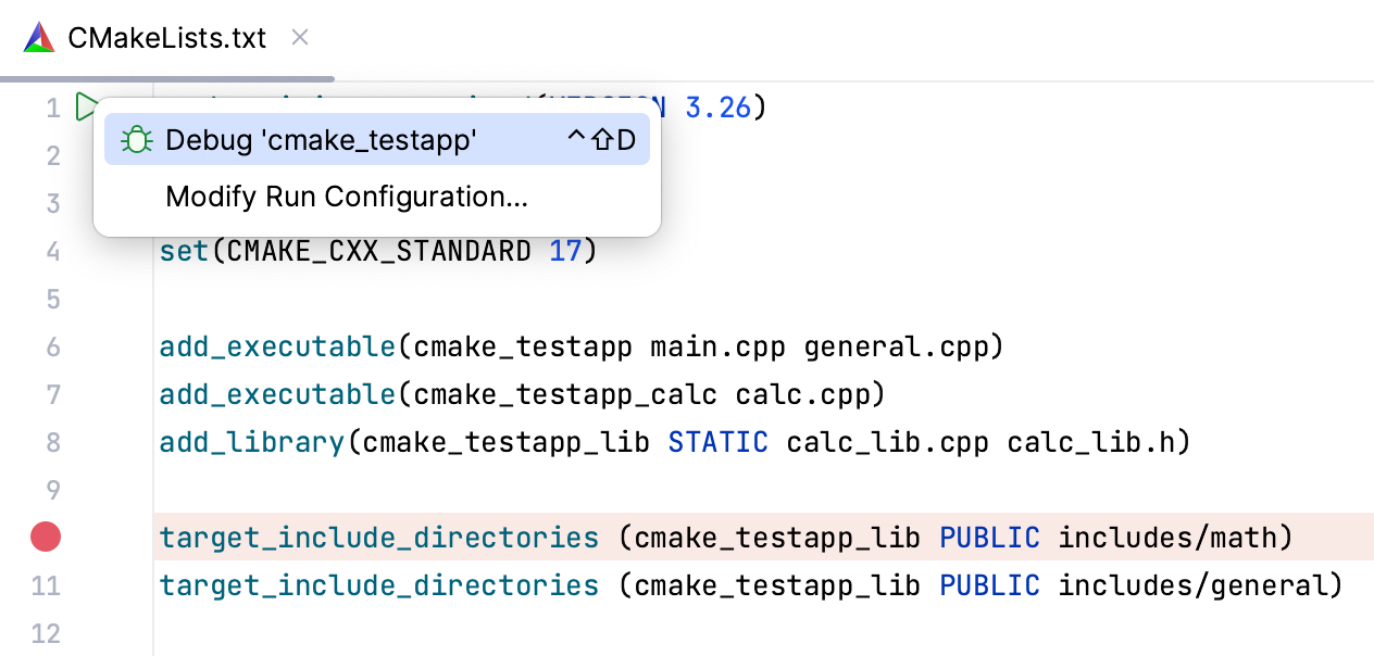 从标记栏启动 CMake 调试会话 从标记栏启动 CMake 调试会话