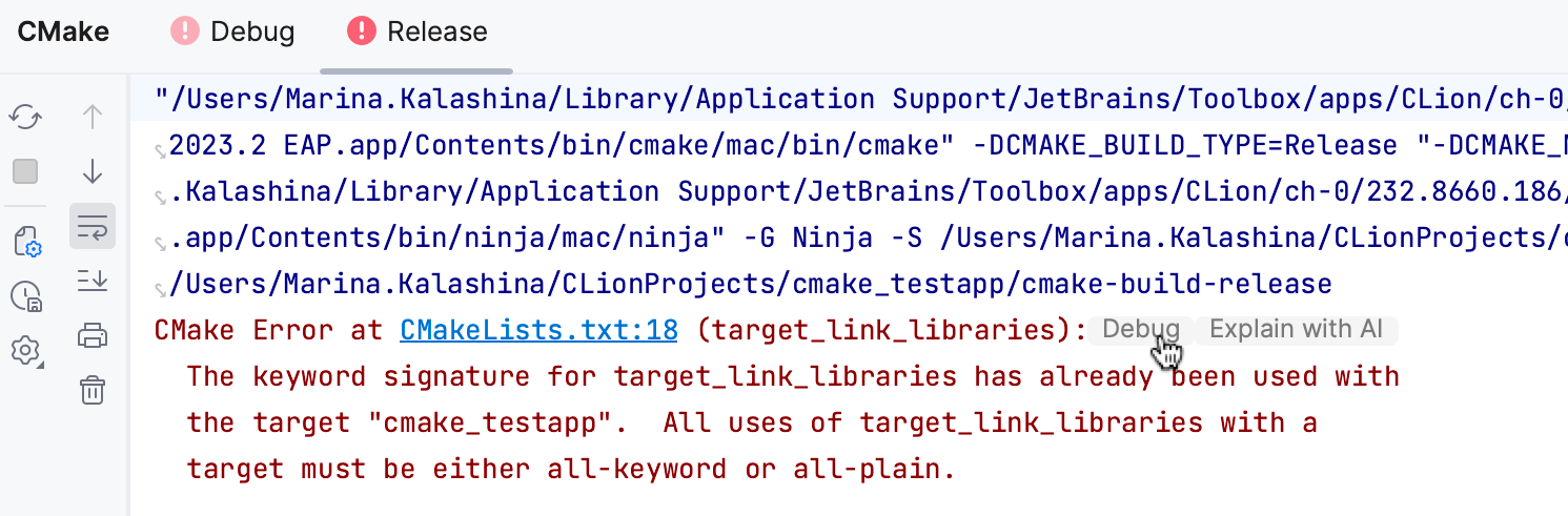 Debug hint in CMake tool window Debug hint in CMake tool window