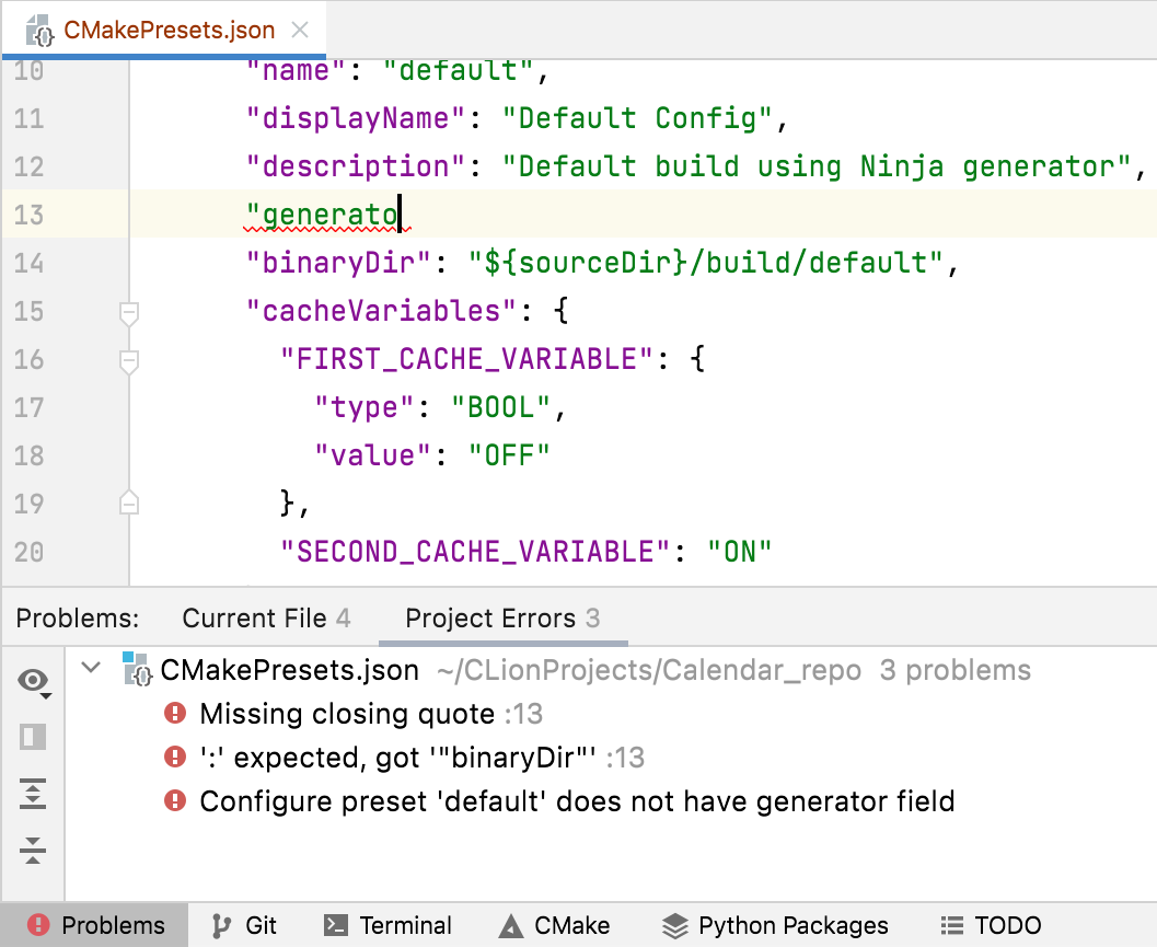 CMake presets error reporting CMake presets error reporting