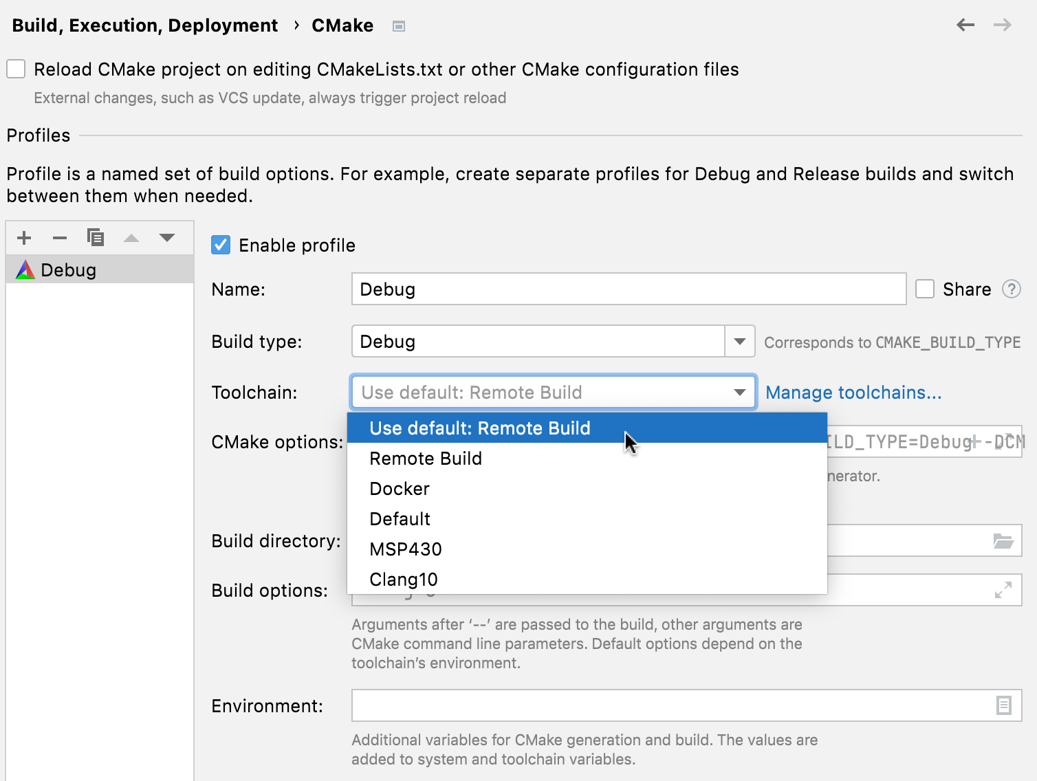 Settings the build toolchain in CMake profile Settings the build toolchain in CMake profile