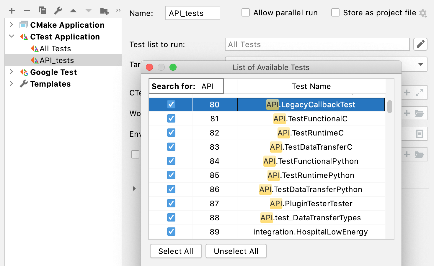 List of the available tests in CTest Application List of the available tests in CTest Application
