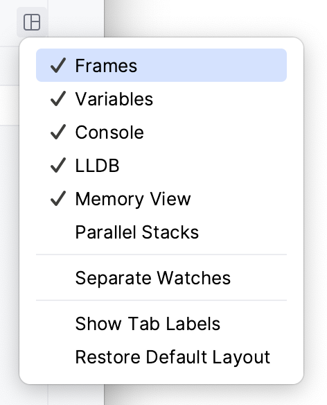 Debugger tool window tabs menu Debugger tool window tabs menu