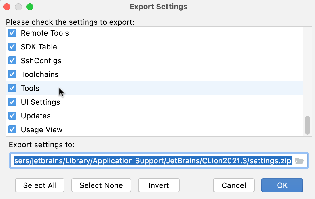 Exporting the external tools settings Exporting the external tools settings