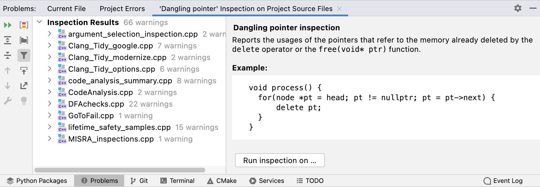 Results of running a single inspection Results of running a single inspection